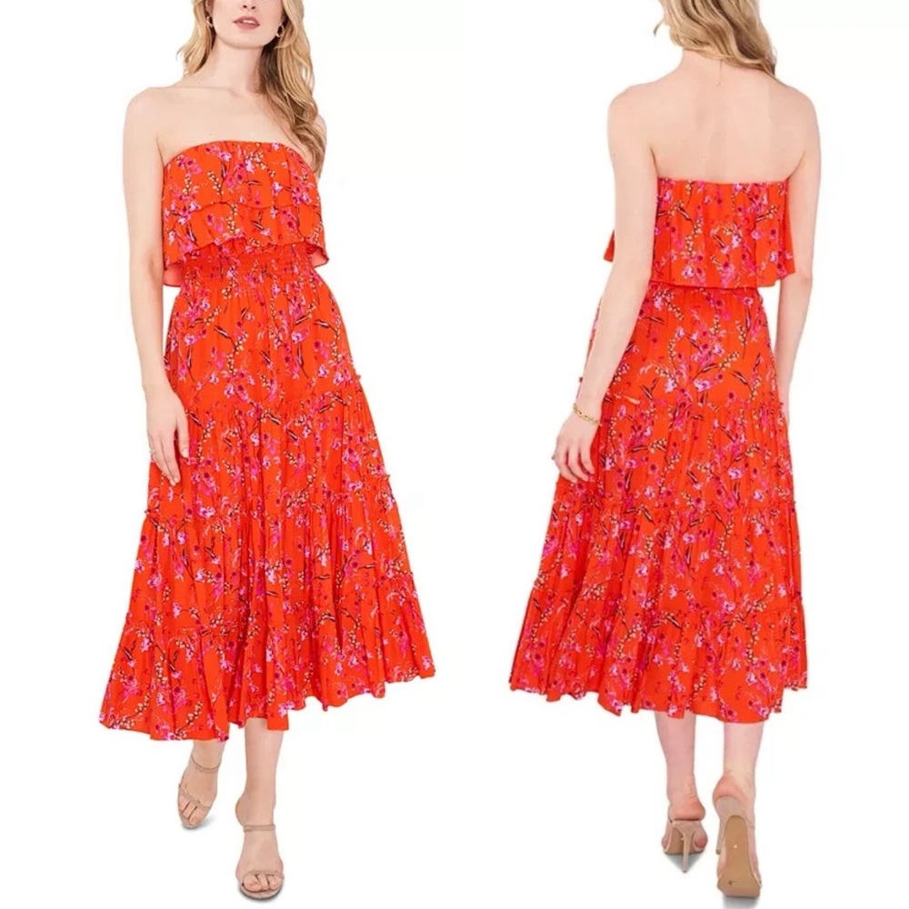 1. State M Orange Floral Print Strapless Tiered Ruffle Midi Dress